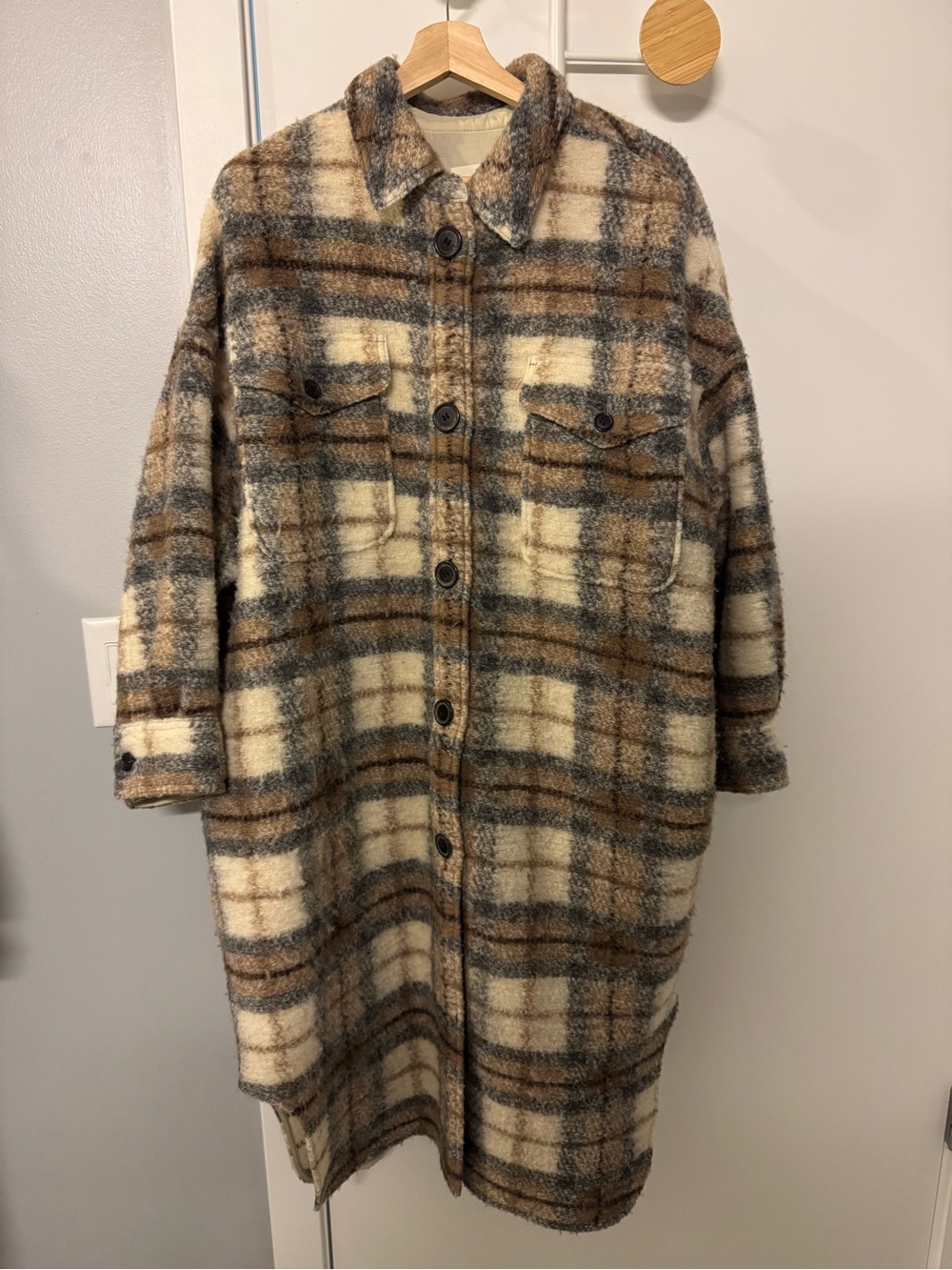 Isabel Marant Plaid Wool-Blend Overshirt Coat in Cream, Brown & Gray